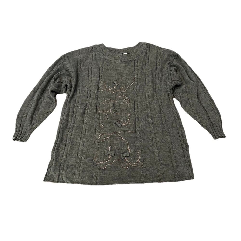Vintage 80s Dog Sweater Miss V Paris Puppy Tunic Novelty Knit Bow Detail XL -
